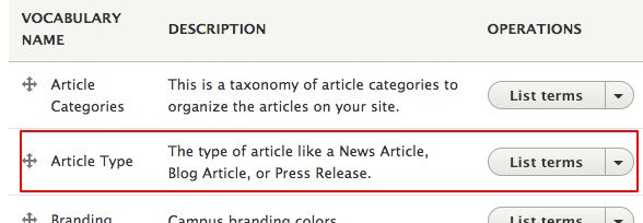 Location of the Article Type list