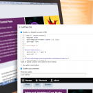 A screenshot of example CSS code overlays a computer screen showing the results of that code.